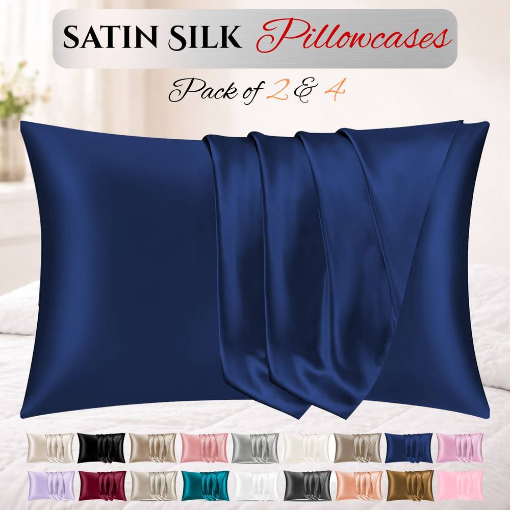 Grace Super Soft Pillow Cases 2 Pack Satin Silk Envelope Closure in Navy