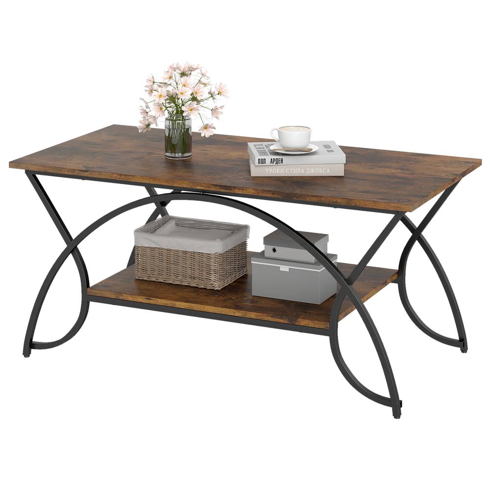 Costway 2-Tier Faux Marble Coffee Table Modern Cocktail Center Table w/ Shelf in Brown