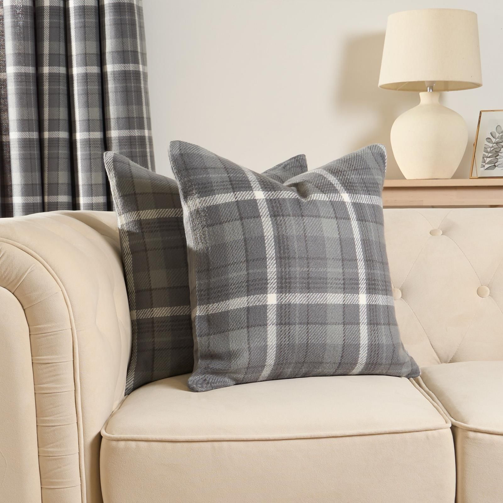 OHS Woven Check Cushion Covers Tartan Pack of 2 Case Pad Set 18" x 18" Home in Charcoal