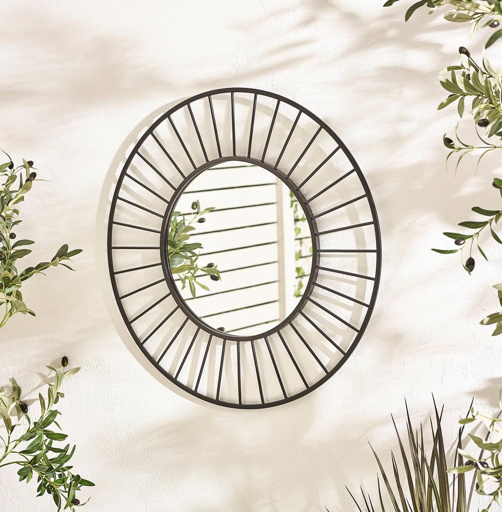 FurnitureboxUK Raya Black Medium Round Spoke 70cm Garden Mirror