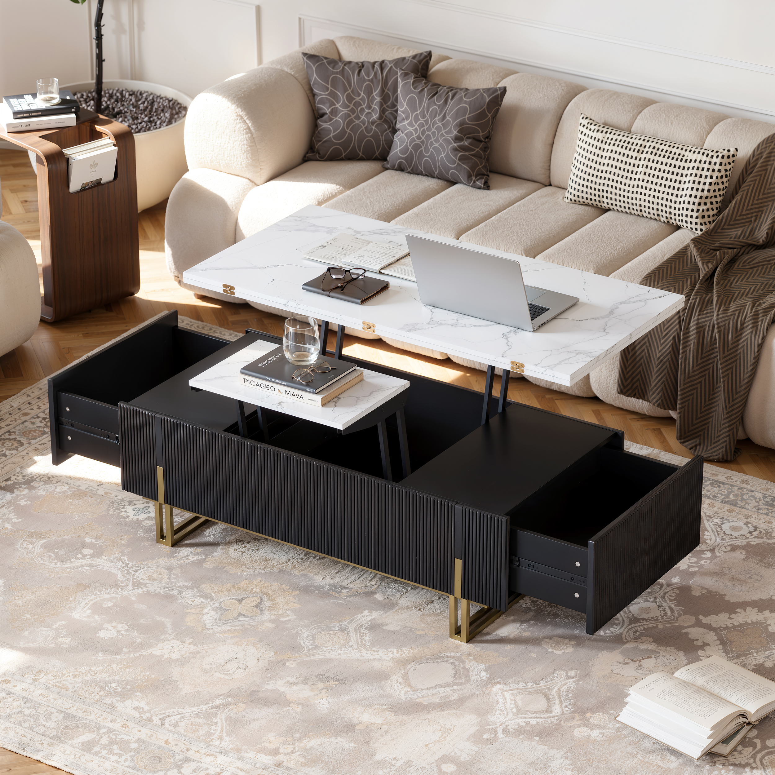 Grovyn 120 cm Fluted Lift-Top Coffee Table with 2 Drawers