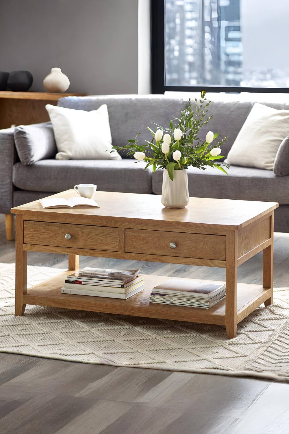 Julian Bowen Mallory 2 Drawer Coffee Table with Shelf in Light Oak