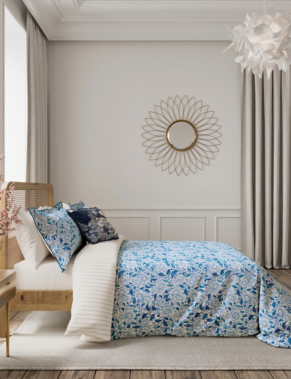 V&A Pure Cotton Ornamental Bloom Bedding Set Indigo