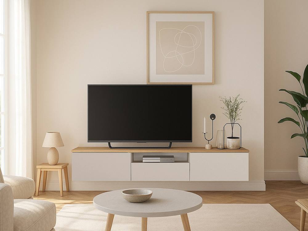 Vente-unique Floating TV Unit With 3 Doors & 1 Niche - Beige & Natural - LOTULA