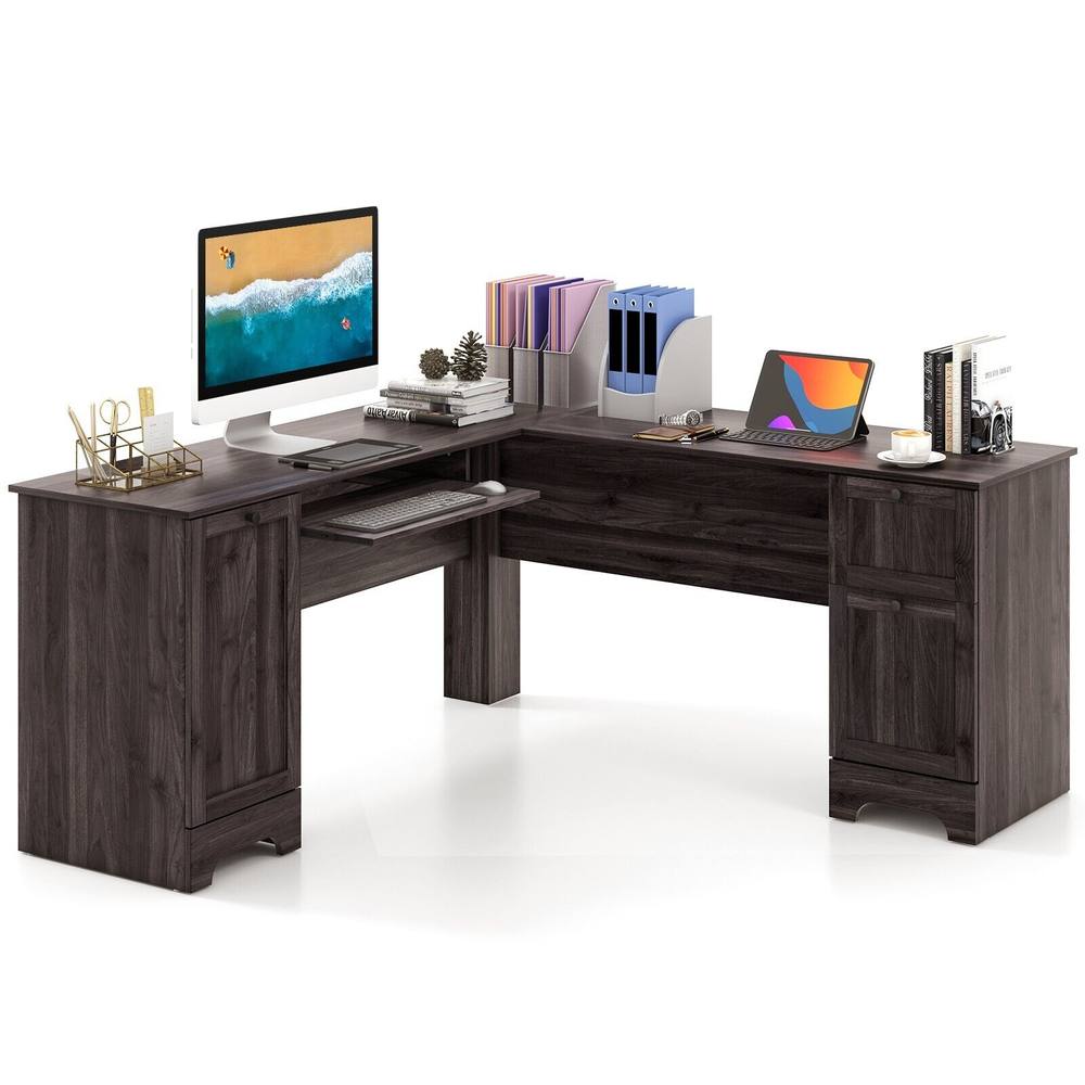 Costway L-Shaped Corner Computer Desk Study Workstation w/ Cabinet & Drawers in Dark Brown