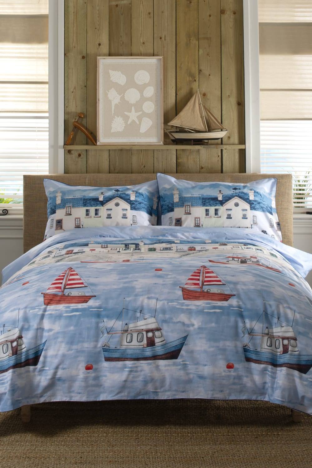 Lobster Creek Coastal Fishing Village Duvet 100% Cotton in Blue
