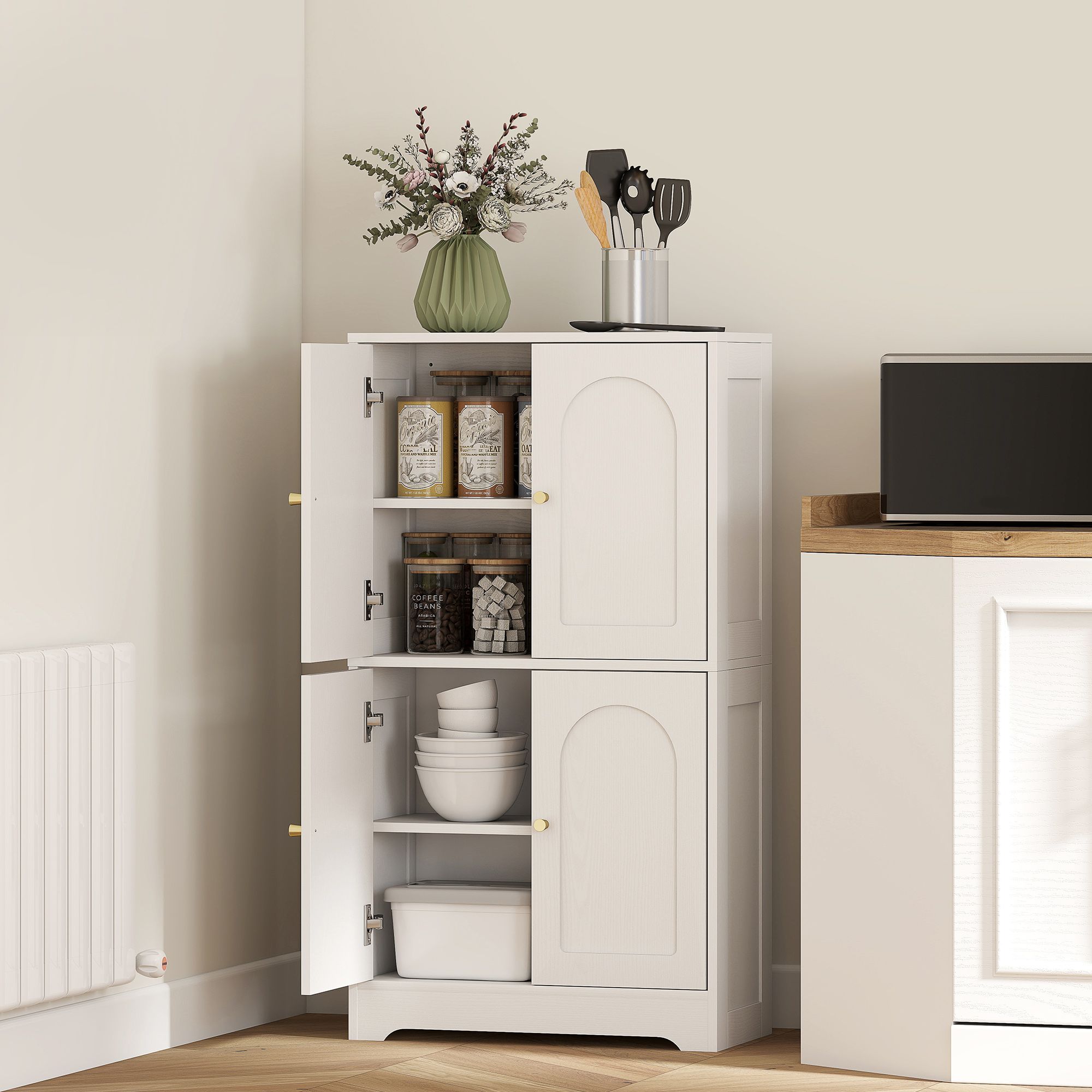 HOMCOM 110cm Kitchen Cupboard with 4 Arched Doors & 2 Adjustable Shelves in White