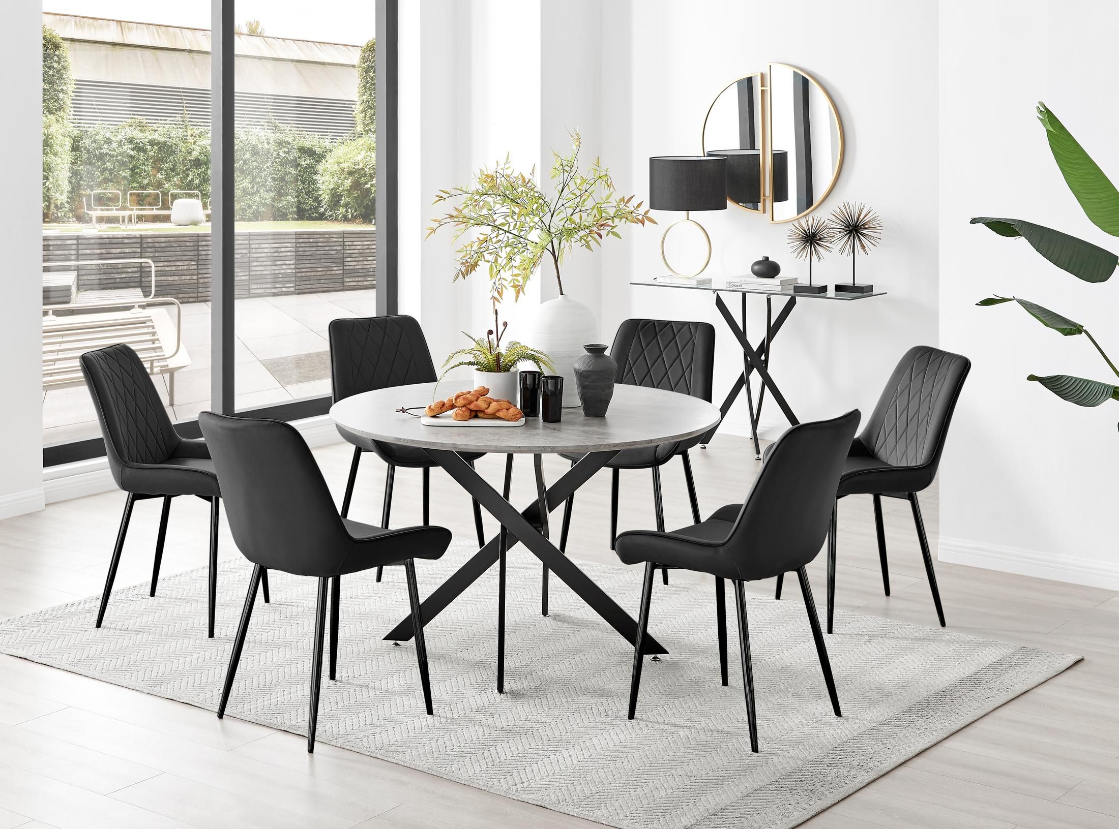 FurnitureboxUK Novara Grey Concrete Effect Black Leg 120cm Round Dining Table & 6 Pesaro Black Leg Chairs