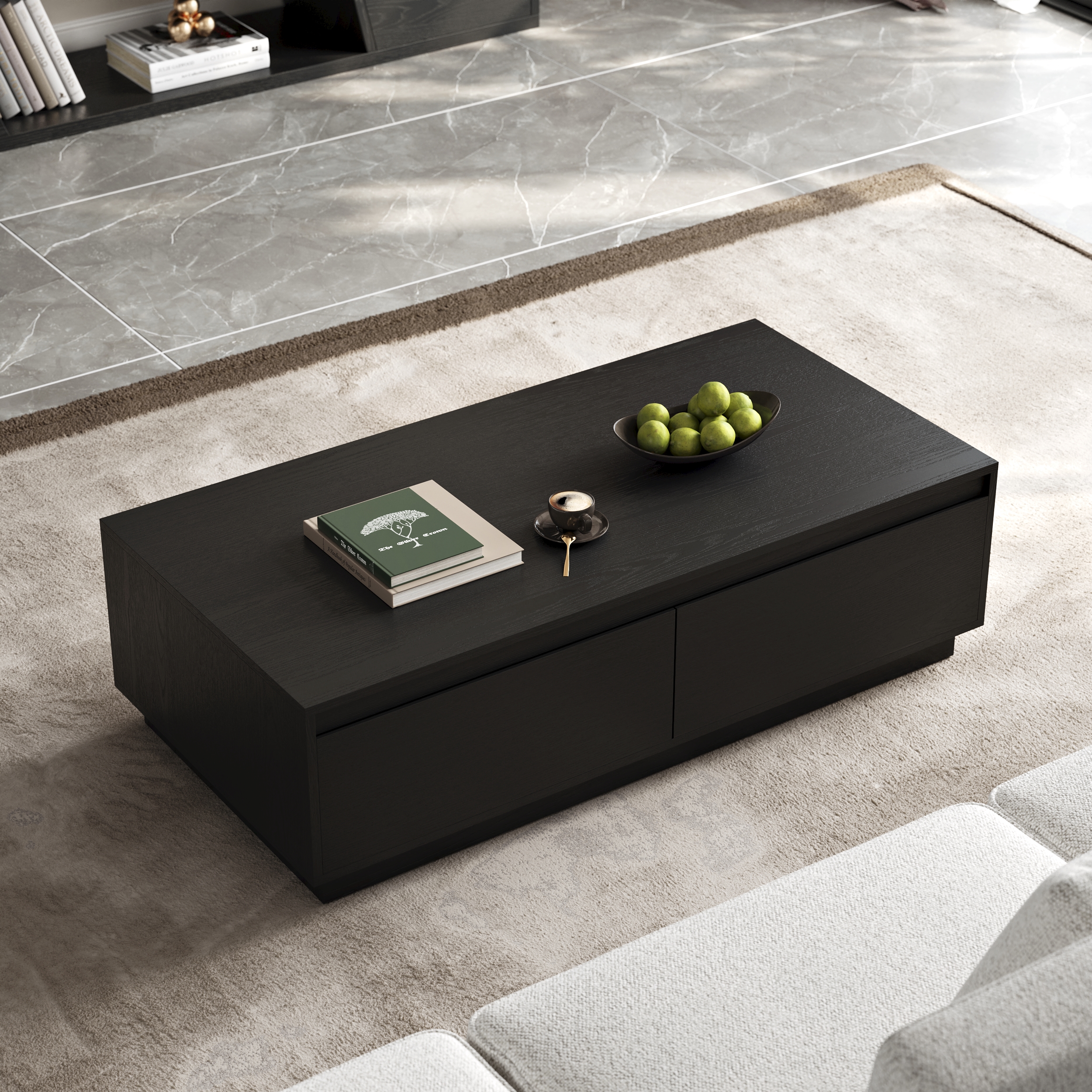 1200mm Mid Century Modern Black Coffee Table Rectangular Block Living Room Table with Storage