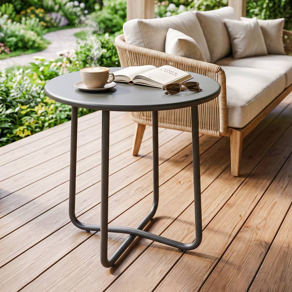 OUTSUNNY Metal Garden Side Table, 48 cm Round Outdoor Table in Dark Grey