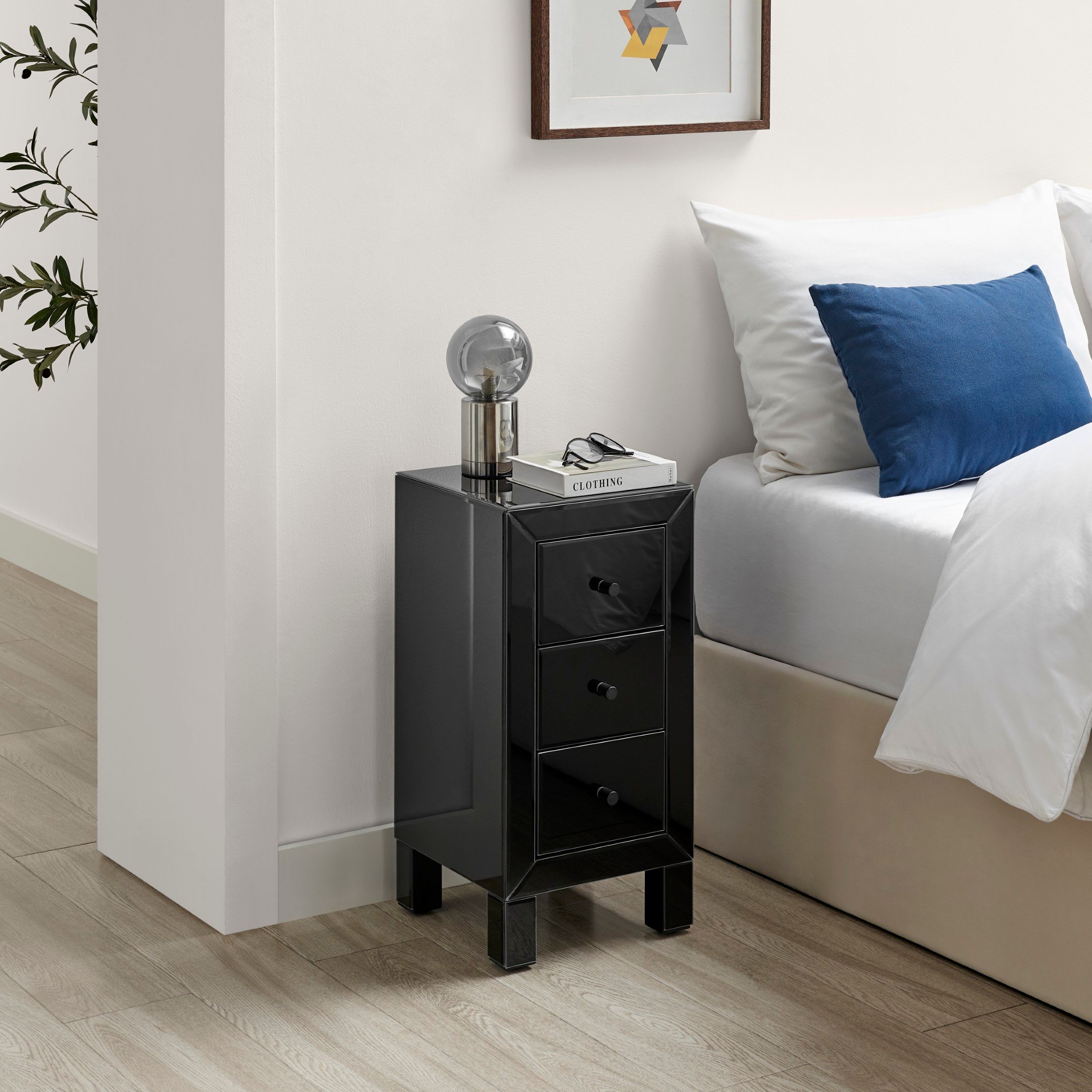 FurnitureboxUK Lexi Small Slimline 3 Drawer Wooden Bedside Table With A Modern Mirrored Finish in Black