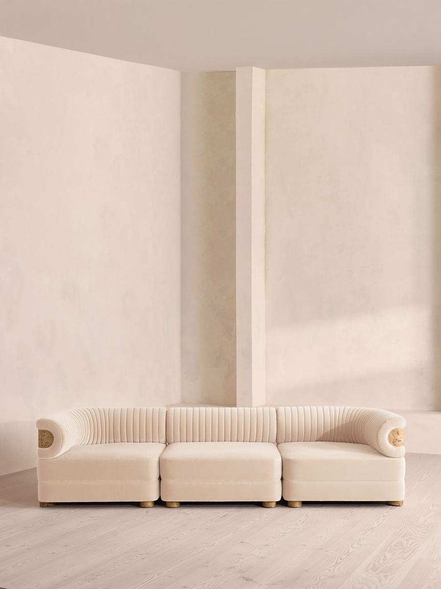 Caleb Modular Four Seater Sofa, Velvet, Porcelain, Blonde Burl