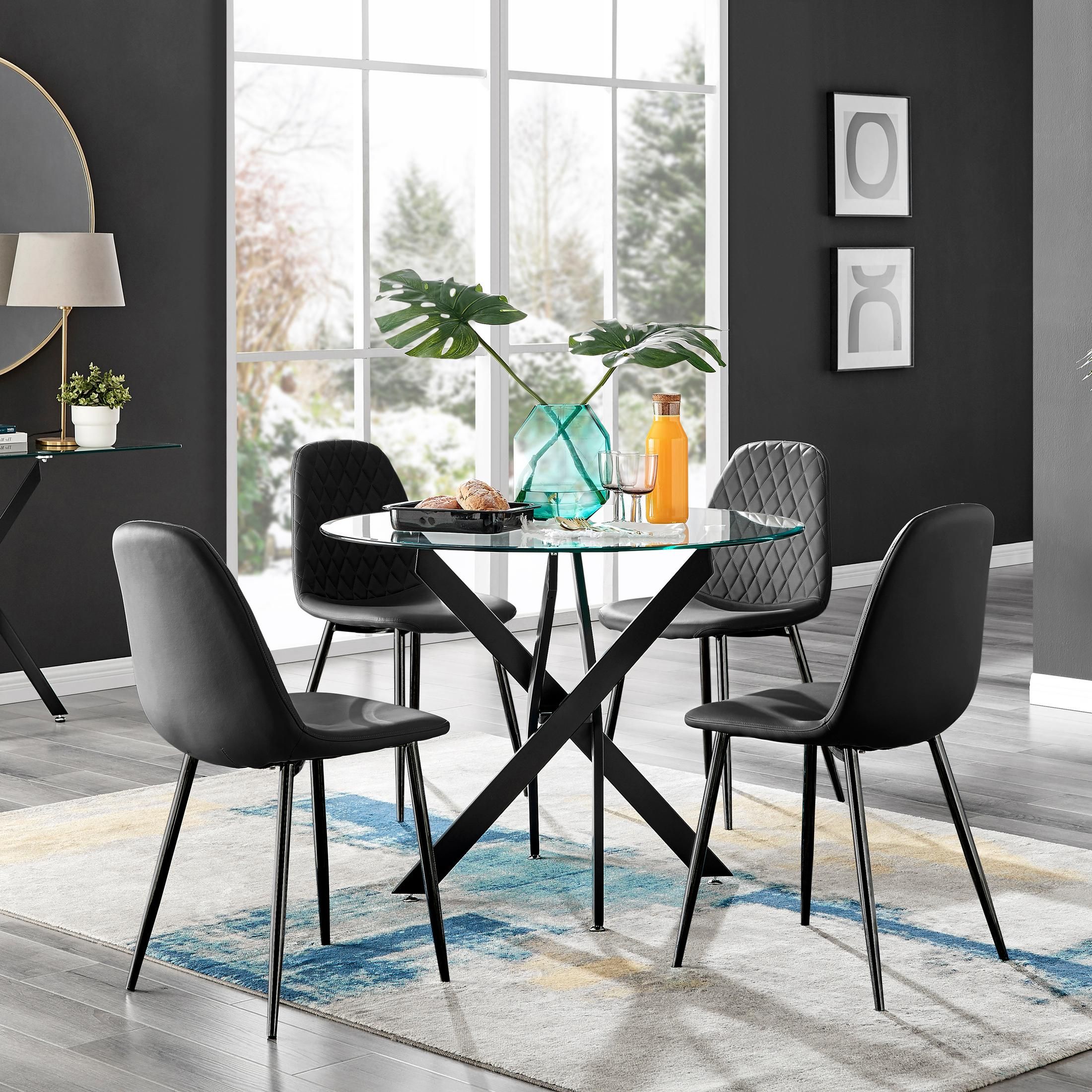 FurnitureboxUK Novara 4 Seater Black Leg Round Glass Dining Table & 4 Corona Faux Leather Black Leg Chairs