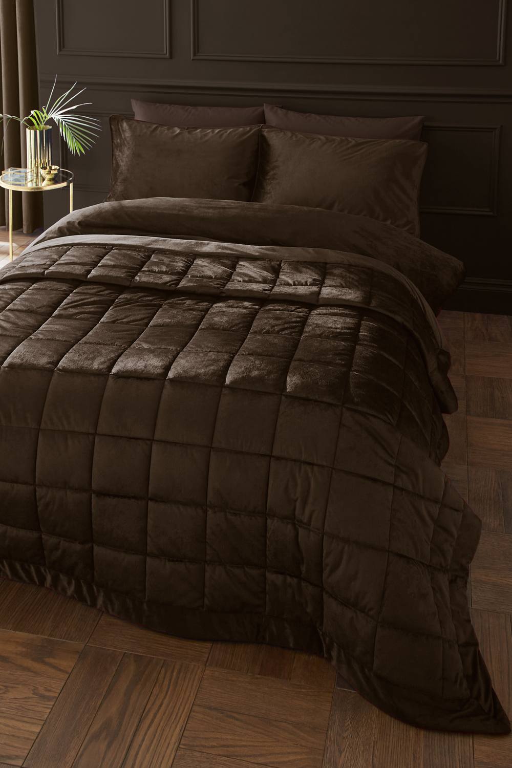 Catherine Lansfield 'Kingsley Matt Velvet' Quilted Bedspread in Chocolate