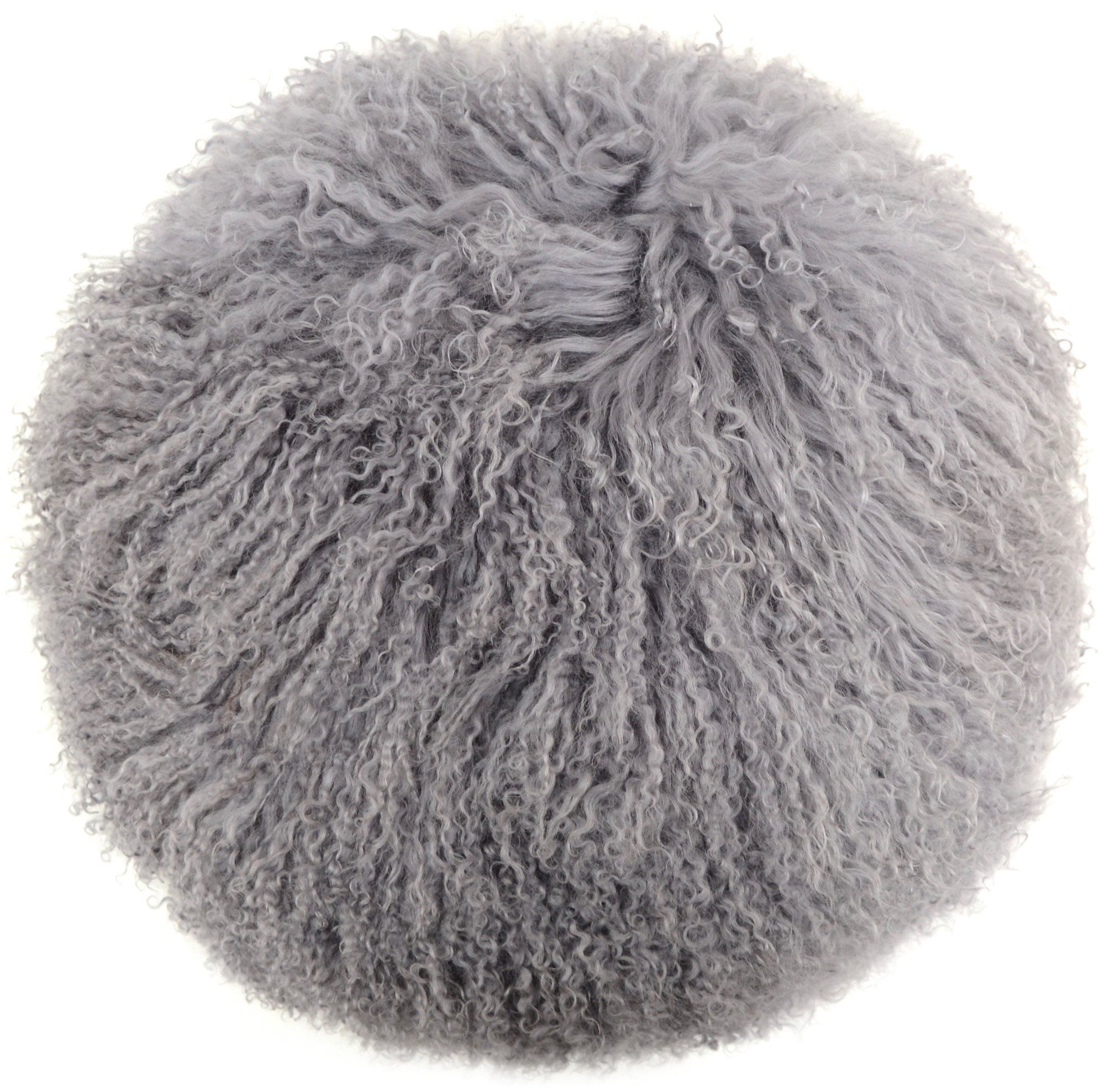 SNUGRUGS Round Mongolian Long Curly Wool Sheepskin Cushion with Inner - 40cm in Grey