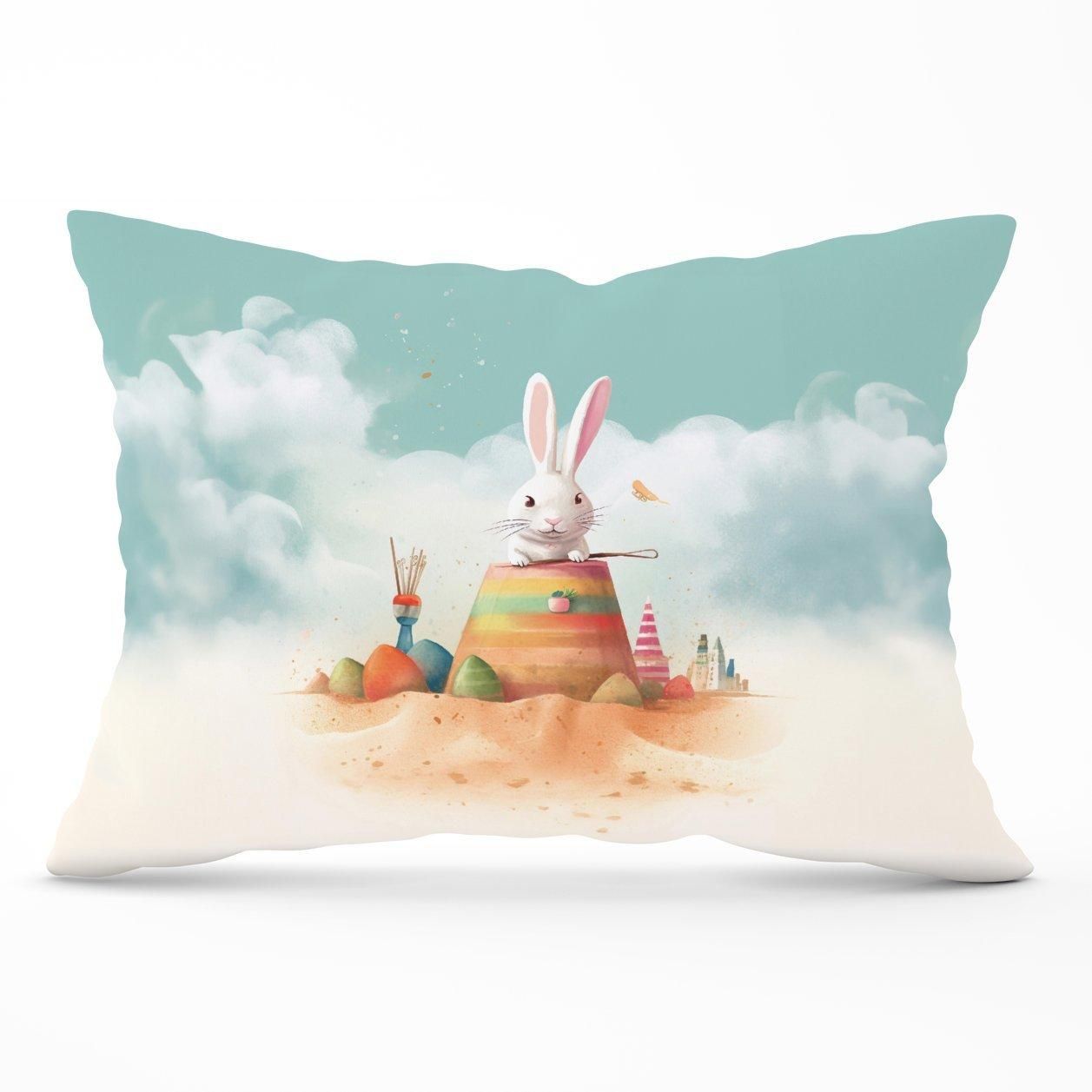 Warren Reed - Designer White Rabbit On A Beach Holiday Cushions in Yellow
