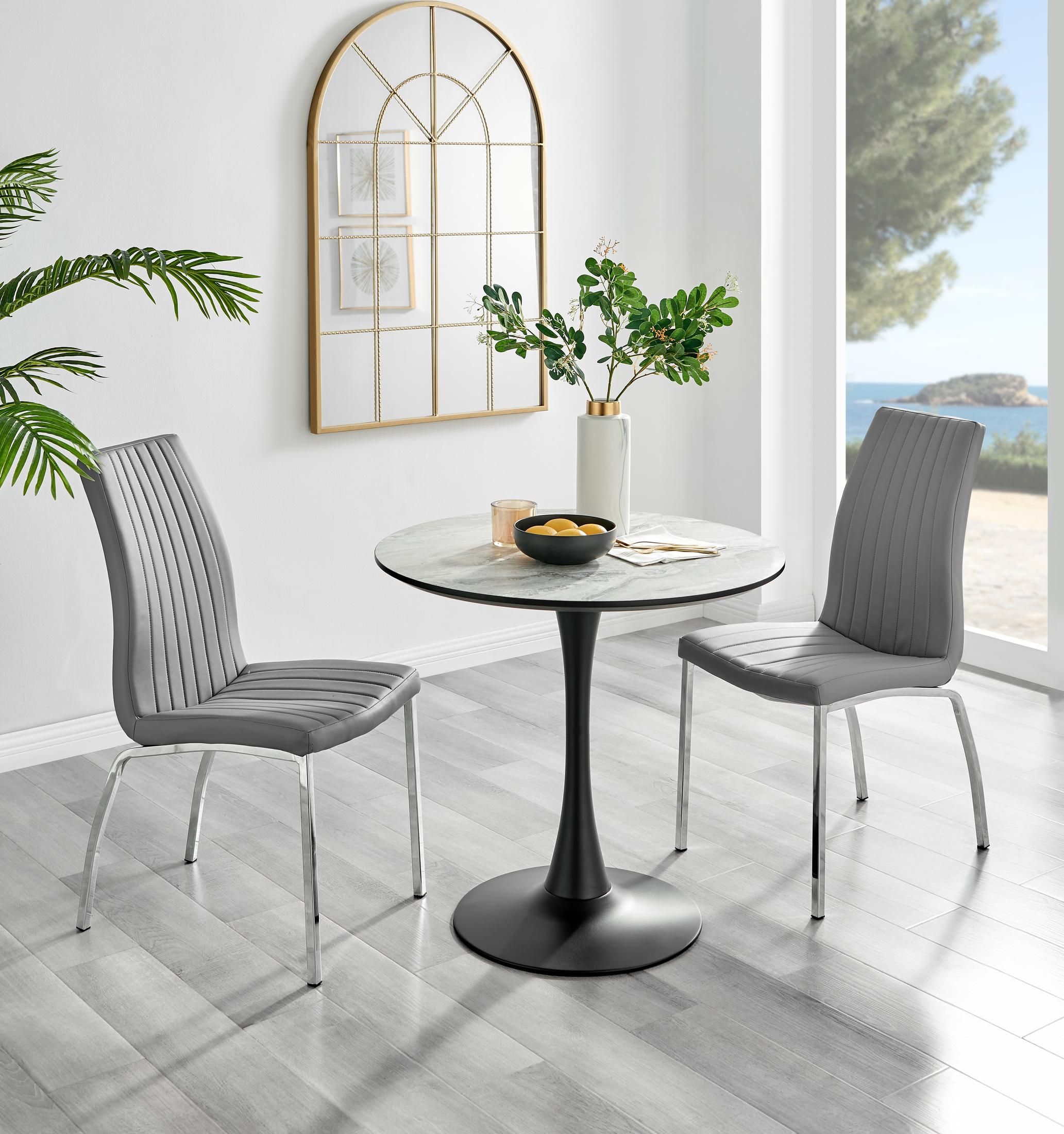 FurnitureboxUK Elina White Marble Effect Scratch Resistant Dining Table & 2 Isco Faux Leather Chairs in Grey