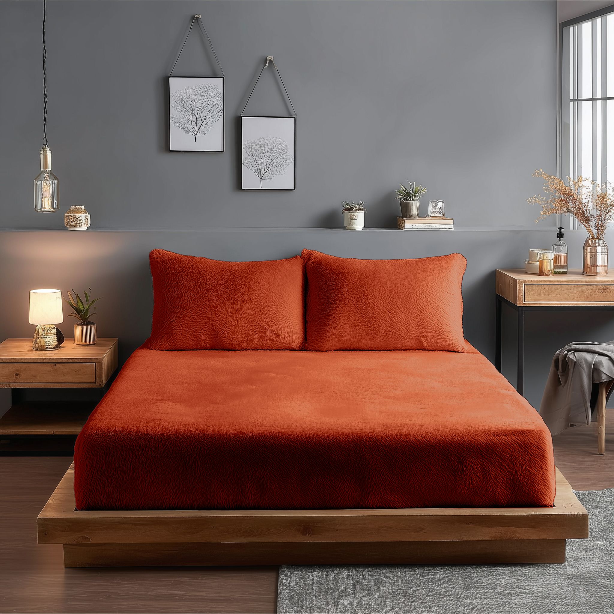 Snug City Teddy Fitted Sheet 30cm Extra Deep Soft Cuddly Soft Touch Bedding in Tangerine