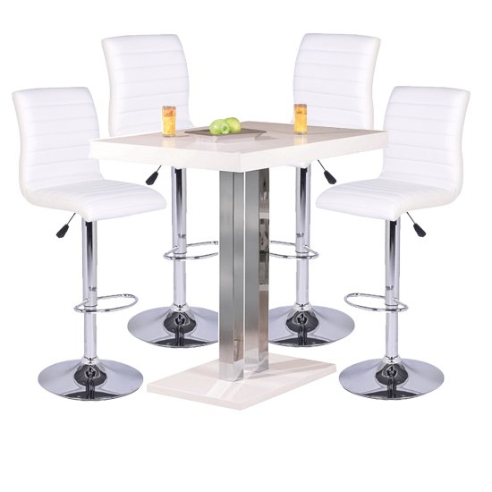 Palzo Bar Table In High Gloss With 4 Ripple White Stools