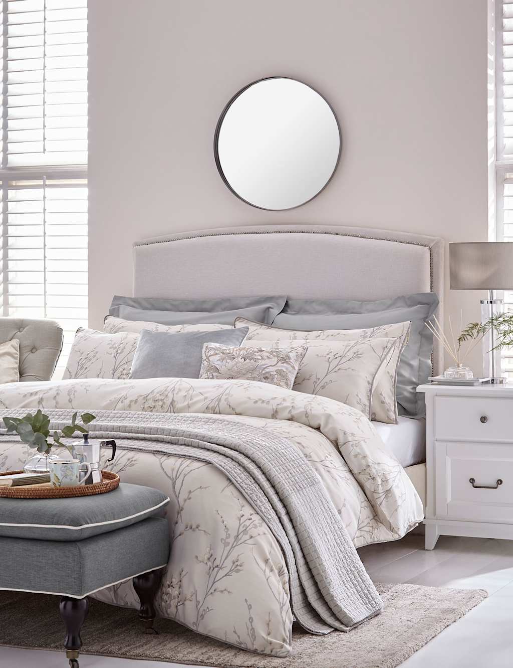 Laura Ashley Pure Cotton Sateen Pussy Willow Bedding Set Light Grey