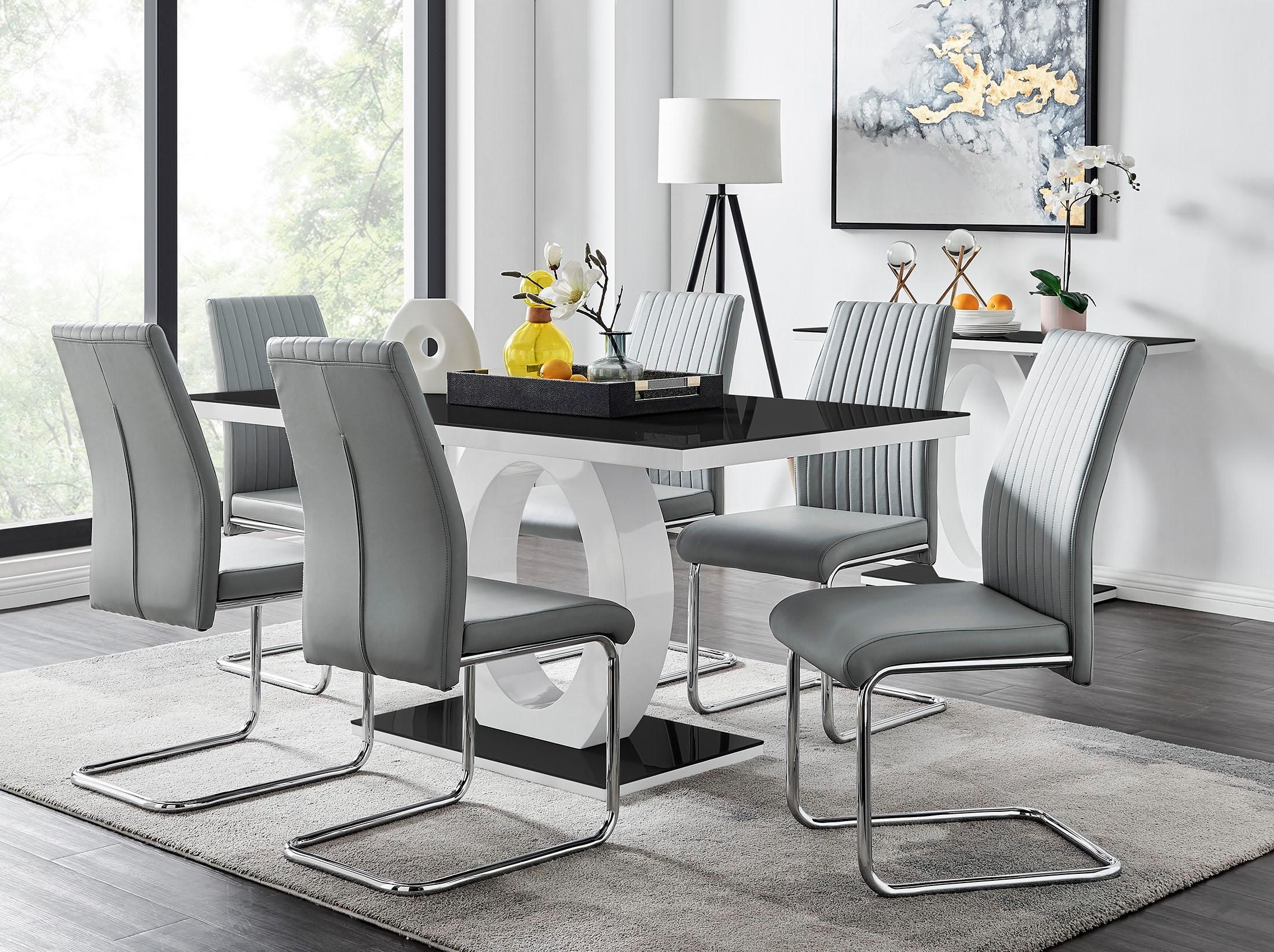 FurnitureboxUK Giovani High Gloss & Glass Dining Table & 6 Lorenzo Chairs Set in Grey