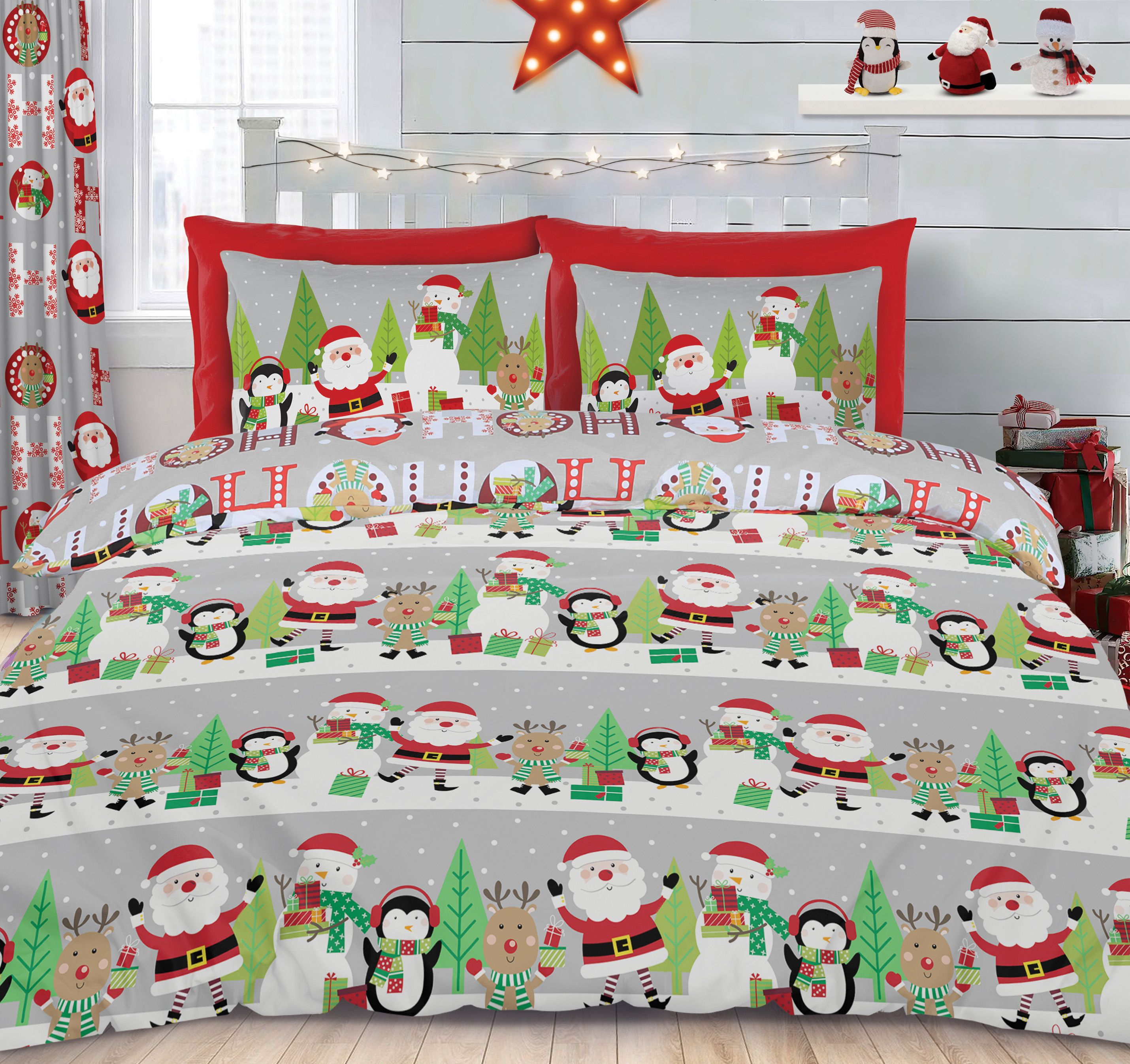 Velosso Xmas Ho Ho Cotton Rich Printed Duvet Cover & Pillowcase Set in Red