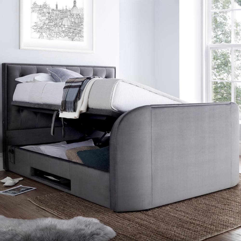 Lyon Grey Velvet Fabric Ottoman Electric Media TV Bed Frame - 4ft6 Double