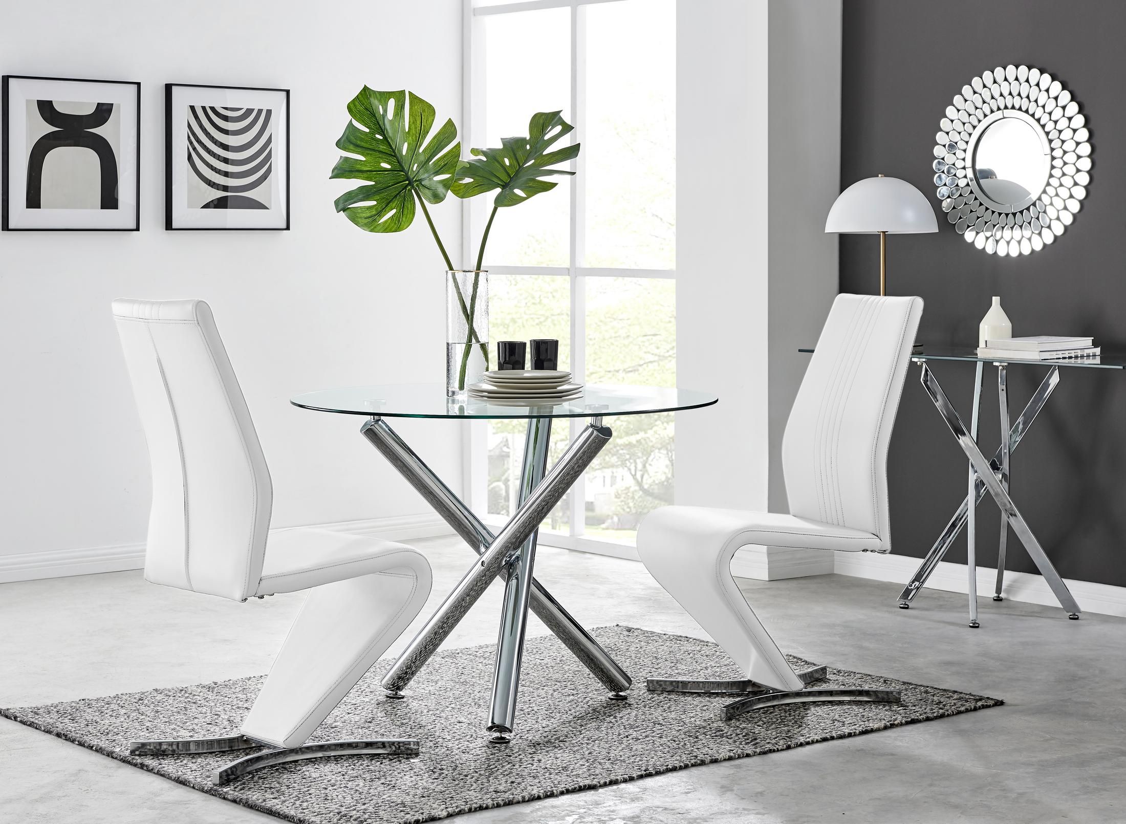 FurnitureboxUK Selina Round Glass & Chrome Metal Dining Table & Luxury Willow Chairs Set in Off-White