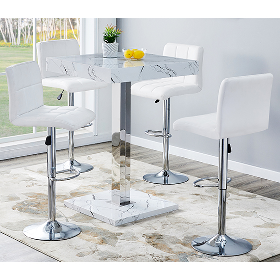 Palmero Vida Marble Effect Gloss Bar Table 4 Coco White Stools