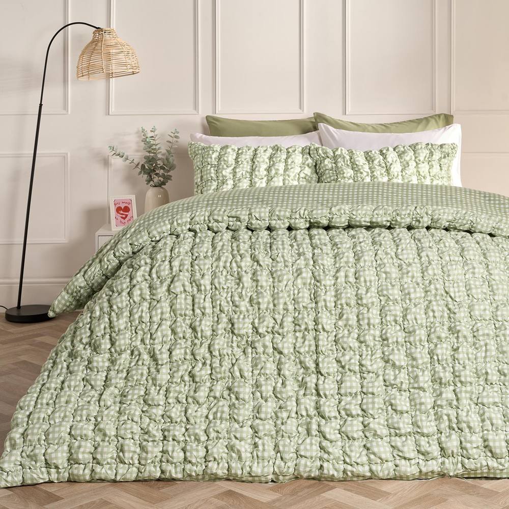 OHS Gingham Filled Seersucker Duvet Cover Set with Pillowcase Bedding in Green