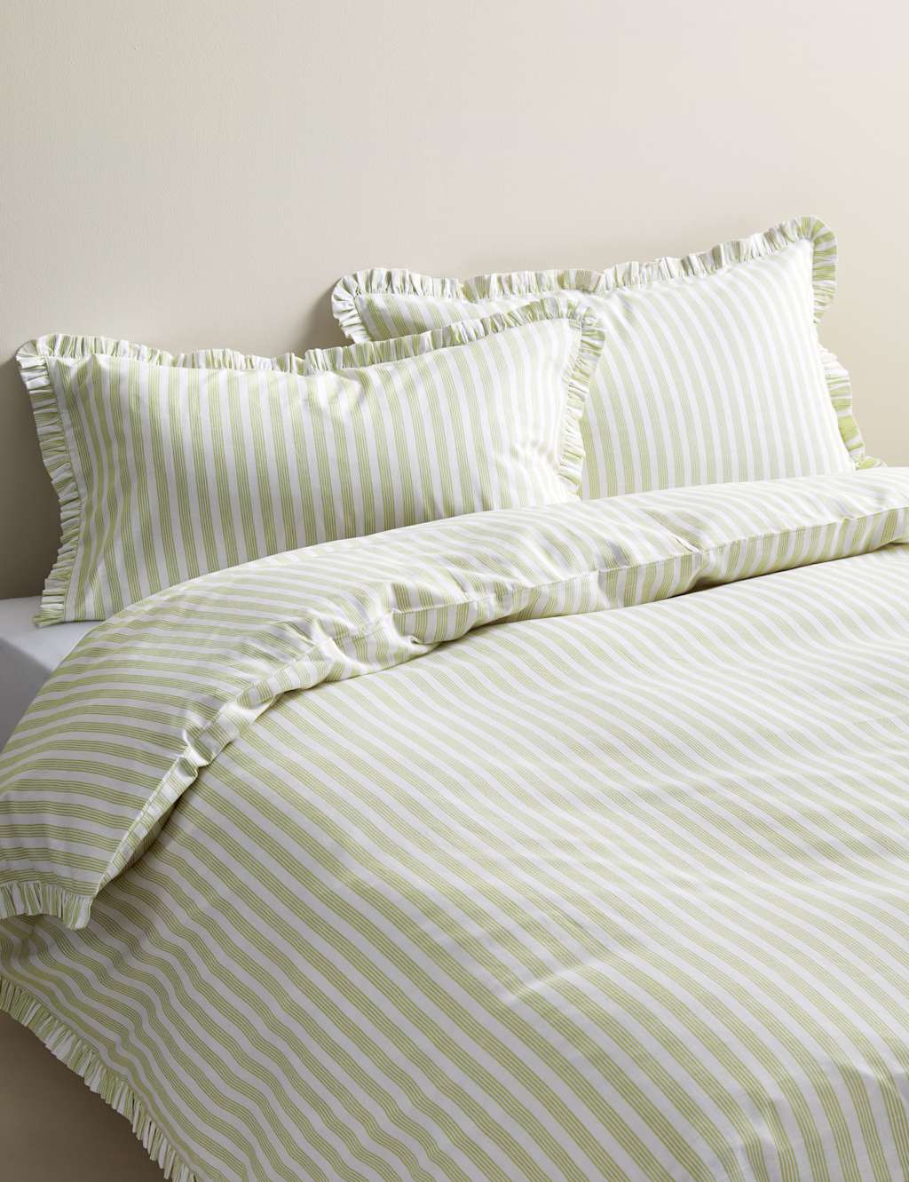 M&S Pure Cotton Narrow Stripe Ruffle Bedding Set Green Mix