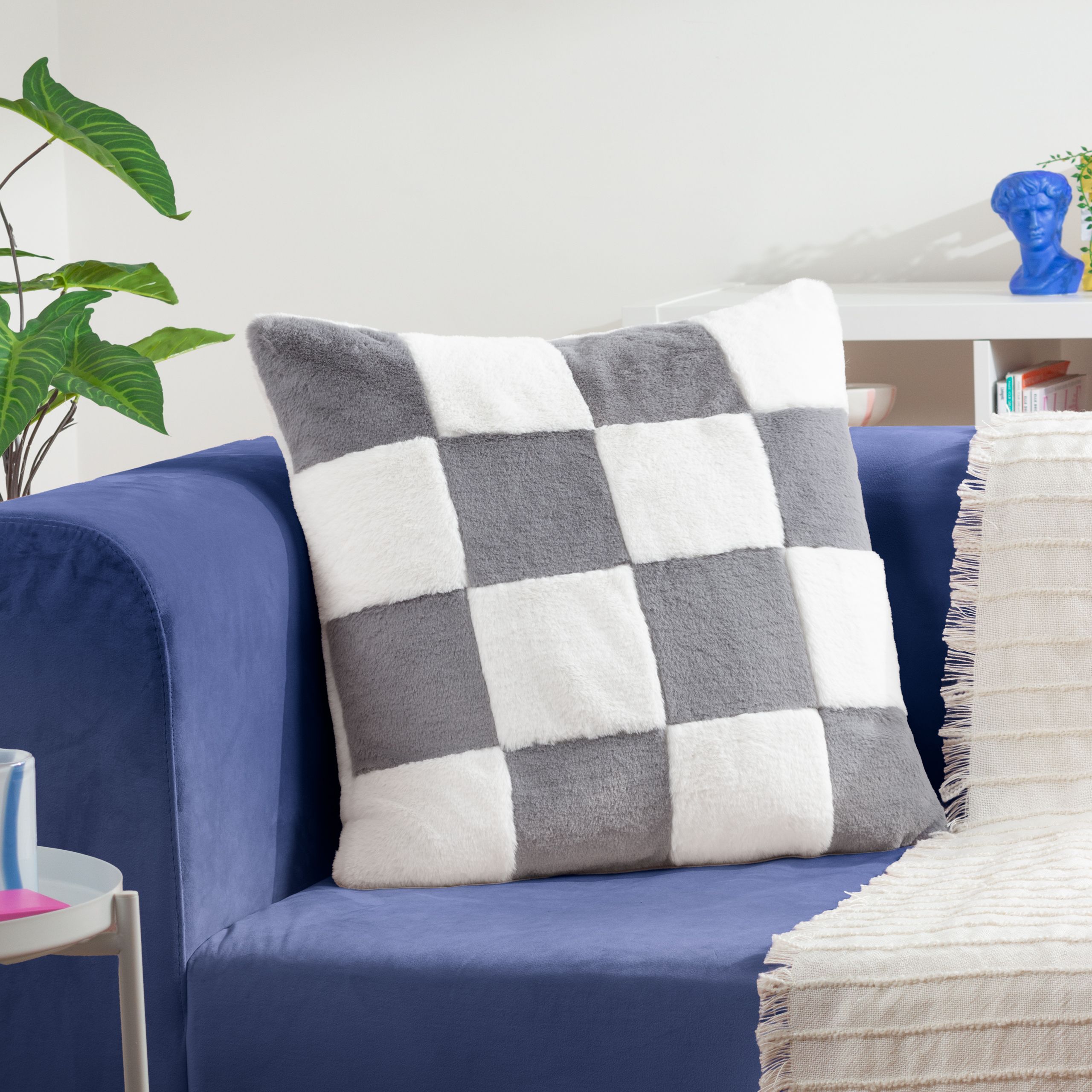 Heya Home Cozee Check Faux Fur Cushion in Blue