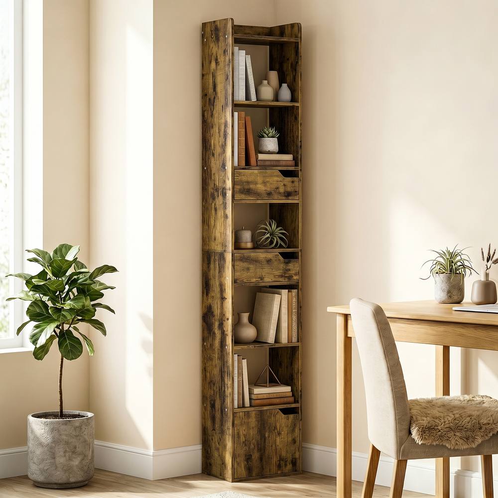 HOMCOM Bookcase Tall Narrow with 5 Tiers Drawers Rustic Brown