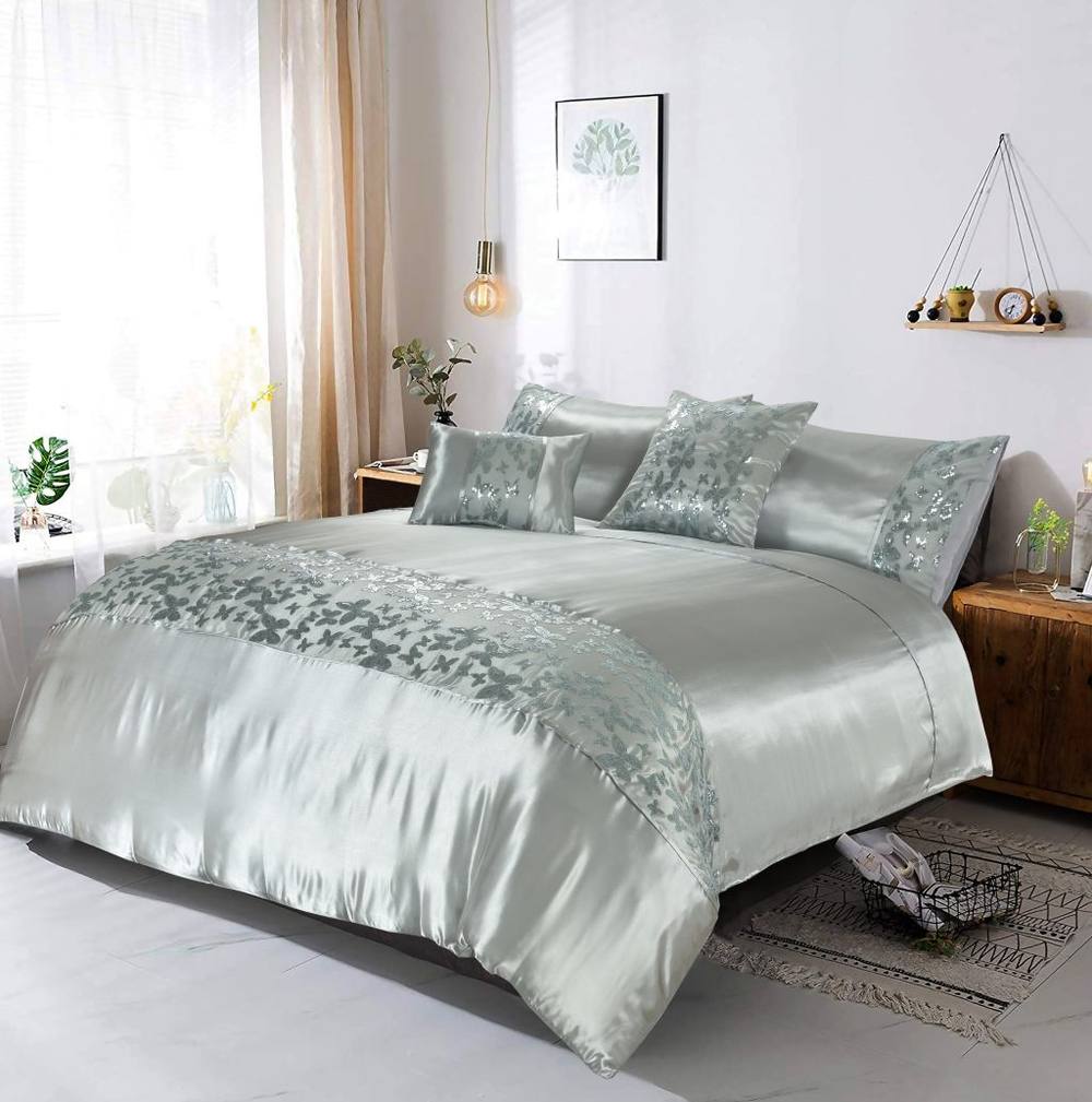 Homes-Linen Aisha Embroidered Duvet Cover Set Luxury Microfiber Bedding in Silver