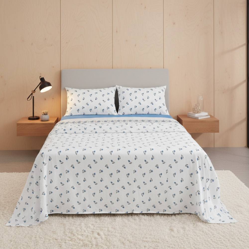 Snug City Soft Flower Print Brushed Cotton Fitted Flat Sheet Matching Pillowcase in Blue
