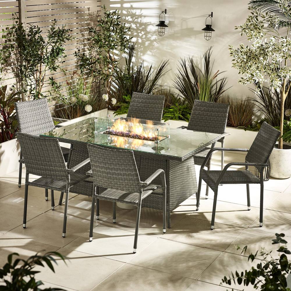 FurnitureboxUK Marbella 6 Seat Rattan Firepit Table Garden Dining Set in Grey