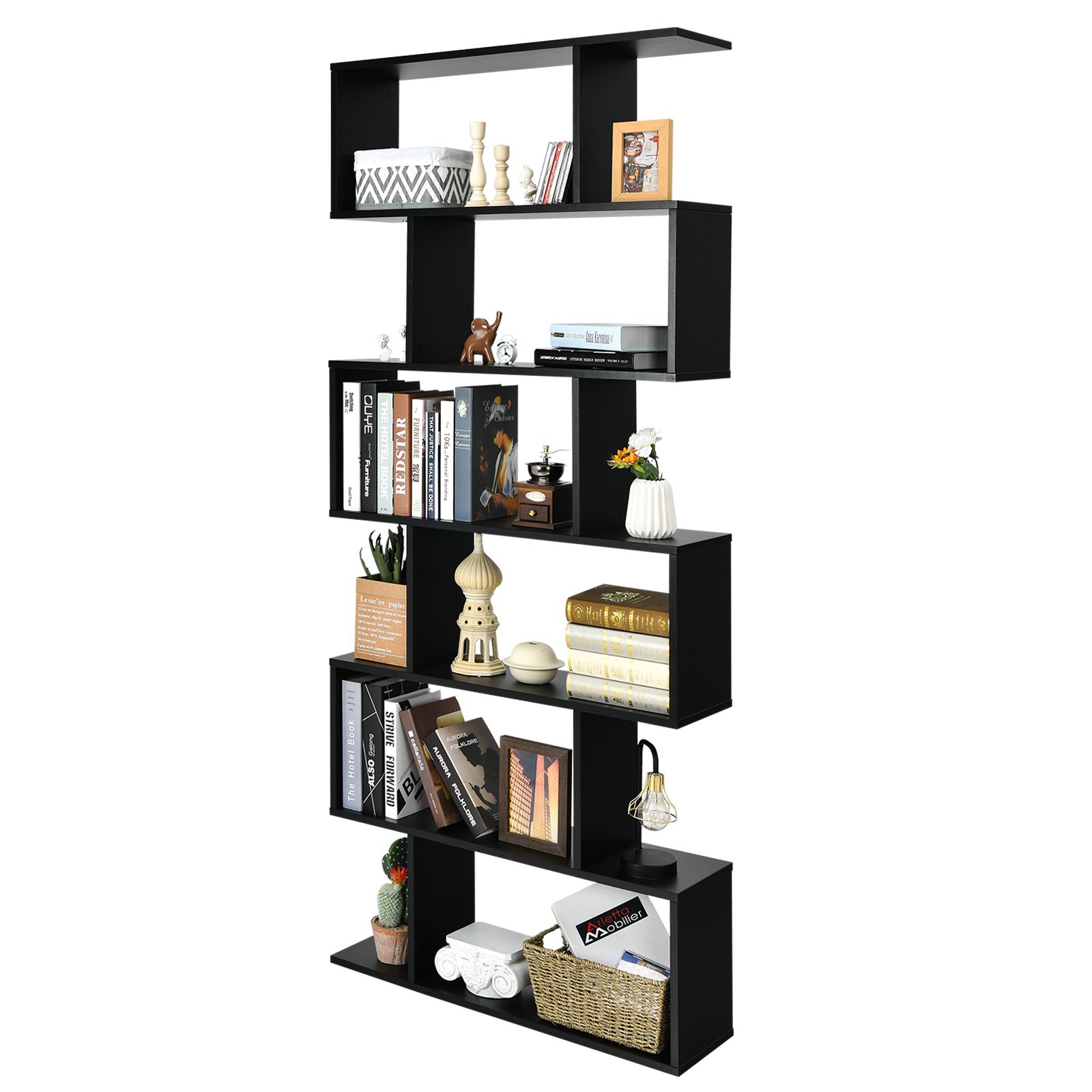 Costway 6-tier Bookcase Industrial S-Shaped Bookshelf Wooden Storage Display Rack in Black