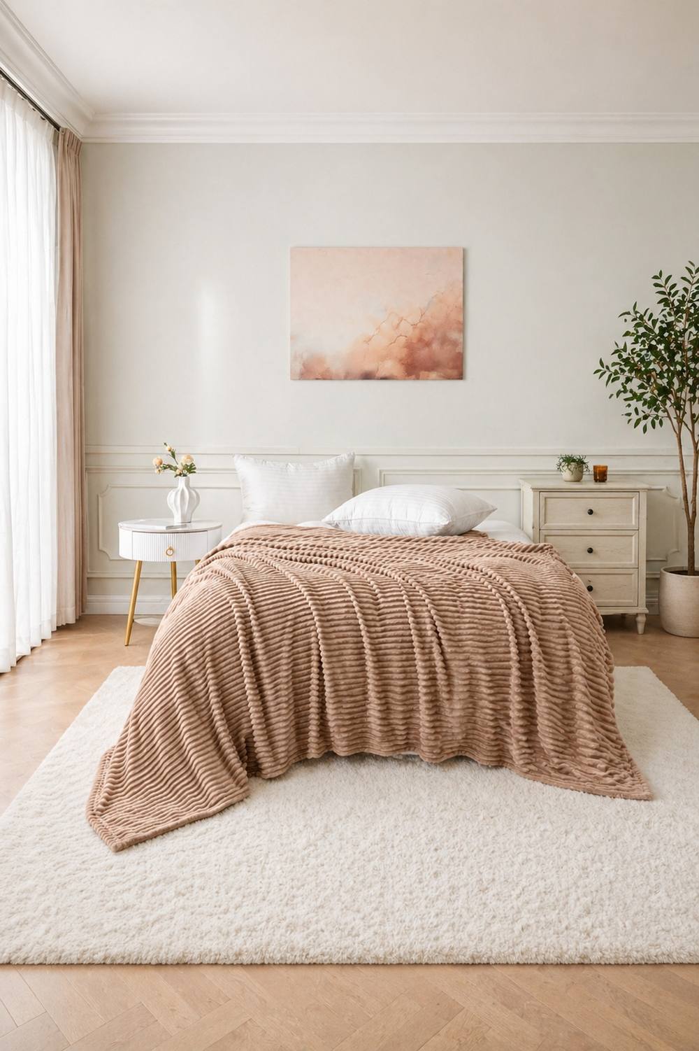 Dyzi Large Supersoft Ribbed Jacquard Fleece Throw Blanket 200 x 240cm in Light Brown