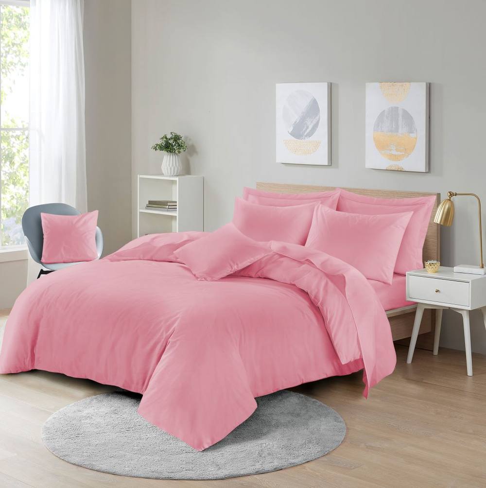 Homes-Linen Plain Dyed Polycotton Duvet Cover Set with Pillowcases in Pink