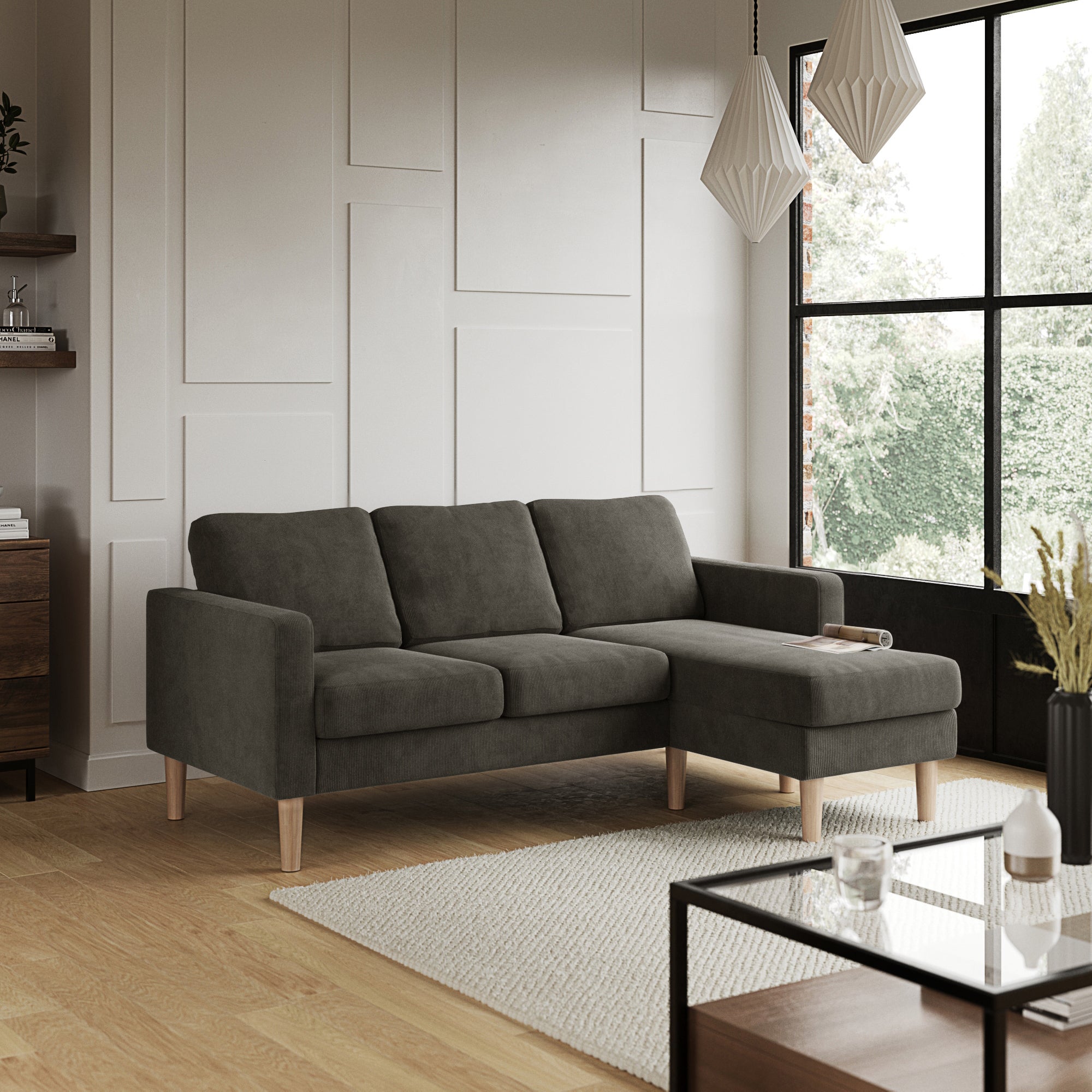 Jacob Cord Compact Corner Chaise Sofa Charcoal