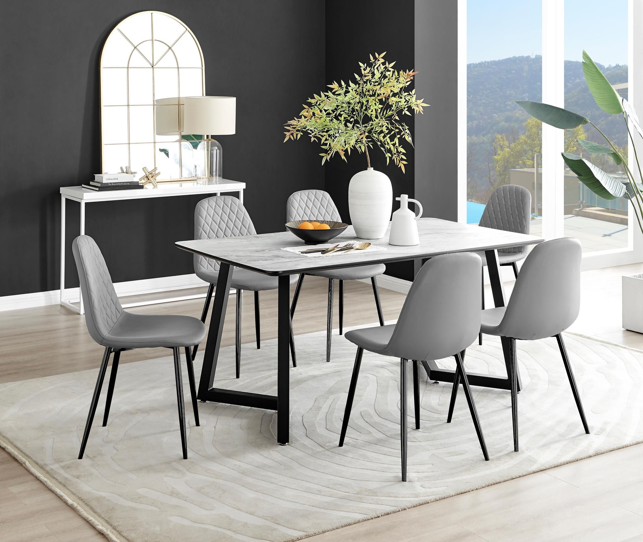 FurnitureboxUK Carson White Marble Effect Dining Table & 6 Corona Black Leg Chairs in Grey