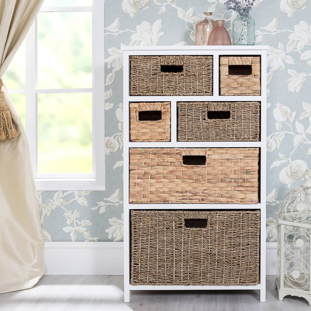 Statement Furniture Tetbury 6 Drawer Storage Unit White with Hyacinth & Seagrass Baskets