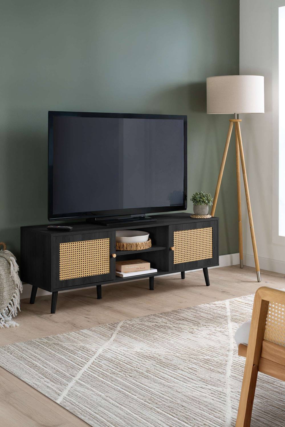Birlea Croxley Large TV Unit Black Rattan Entertainment Stand