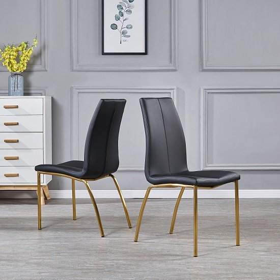 Opal Dining Chair In Black Faux Leather With Brushed Gold Base