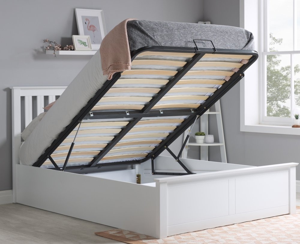 Ottoman Storage Bed White Wooden Frame - 5ft King Size