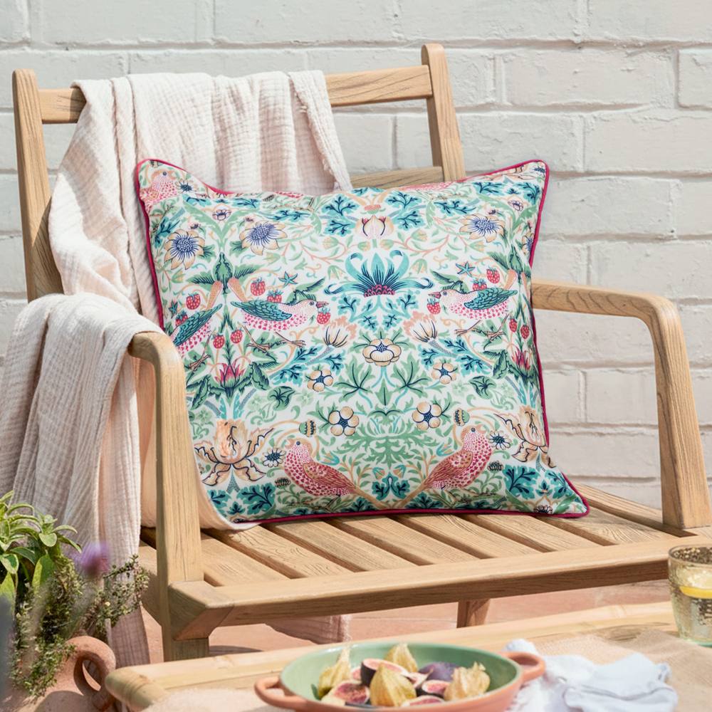 Morris & Co Strawberry Thief Piped Outdoor Cushion in Coral
