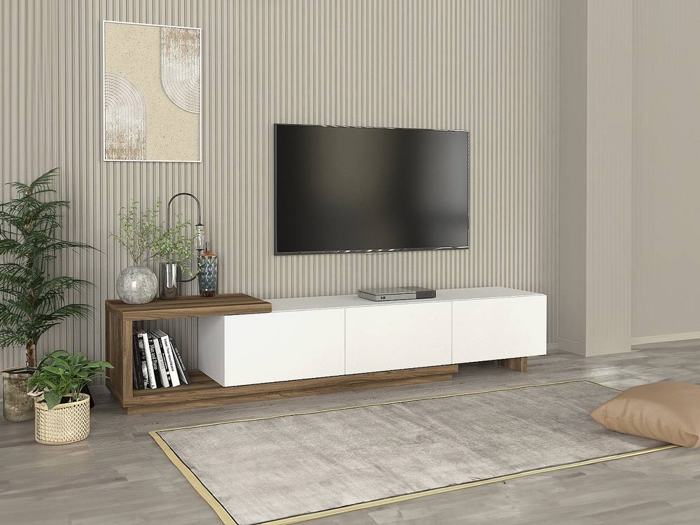 Vente-unique TV Stand With 3 Drawers & 1 Open Compartment - White & Natural in Light Oak