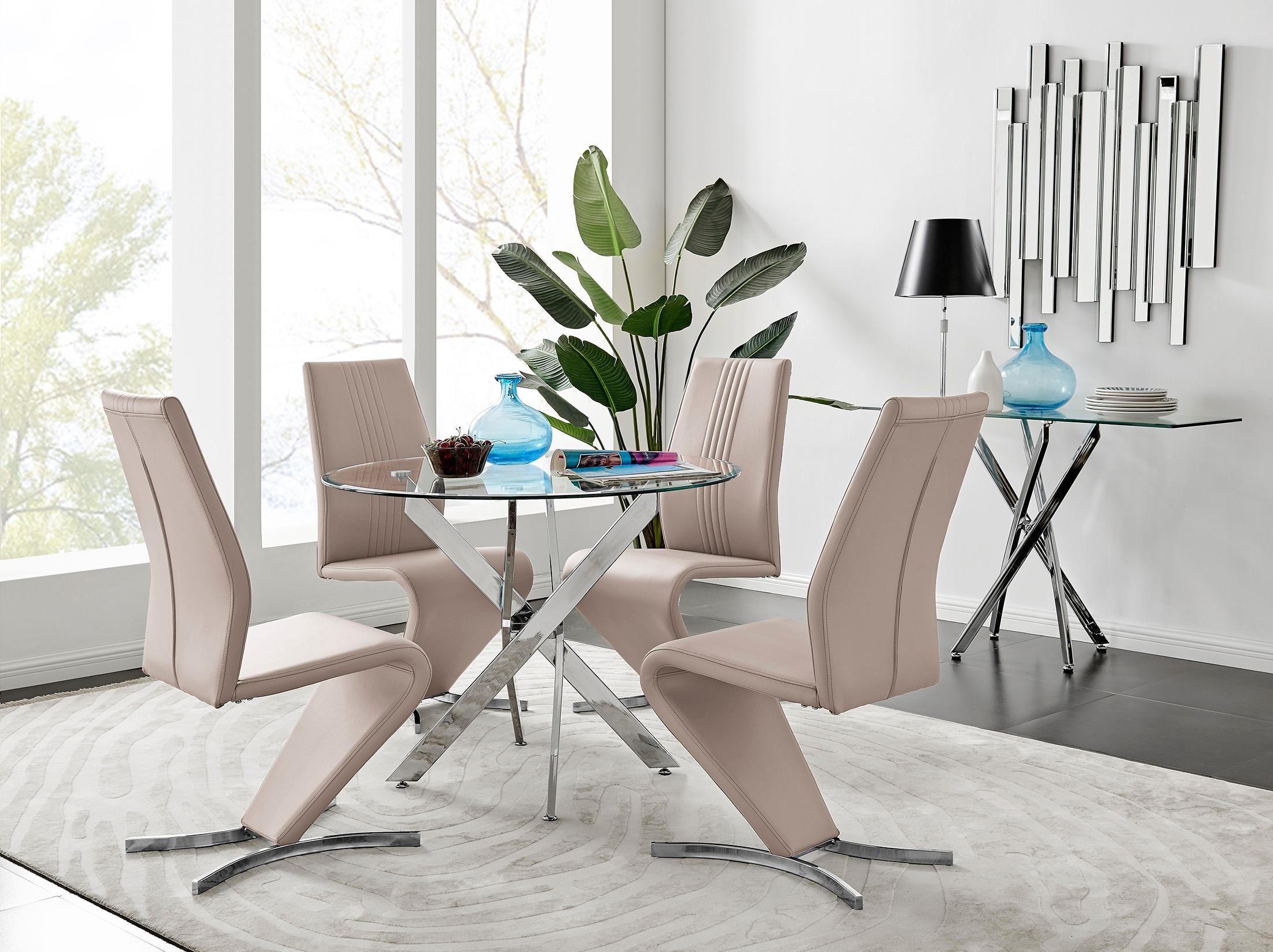 FurnitureboxUK Novara Round 100cm Chrome Metal & Glass Dining Table & 4 Willow Dining Chairs Set in Beige