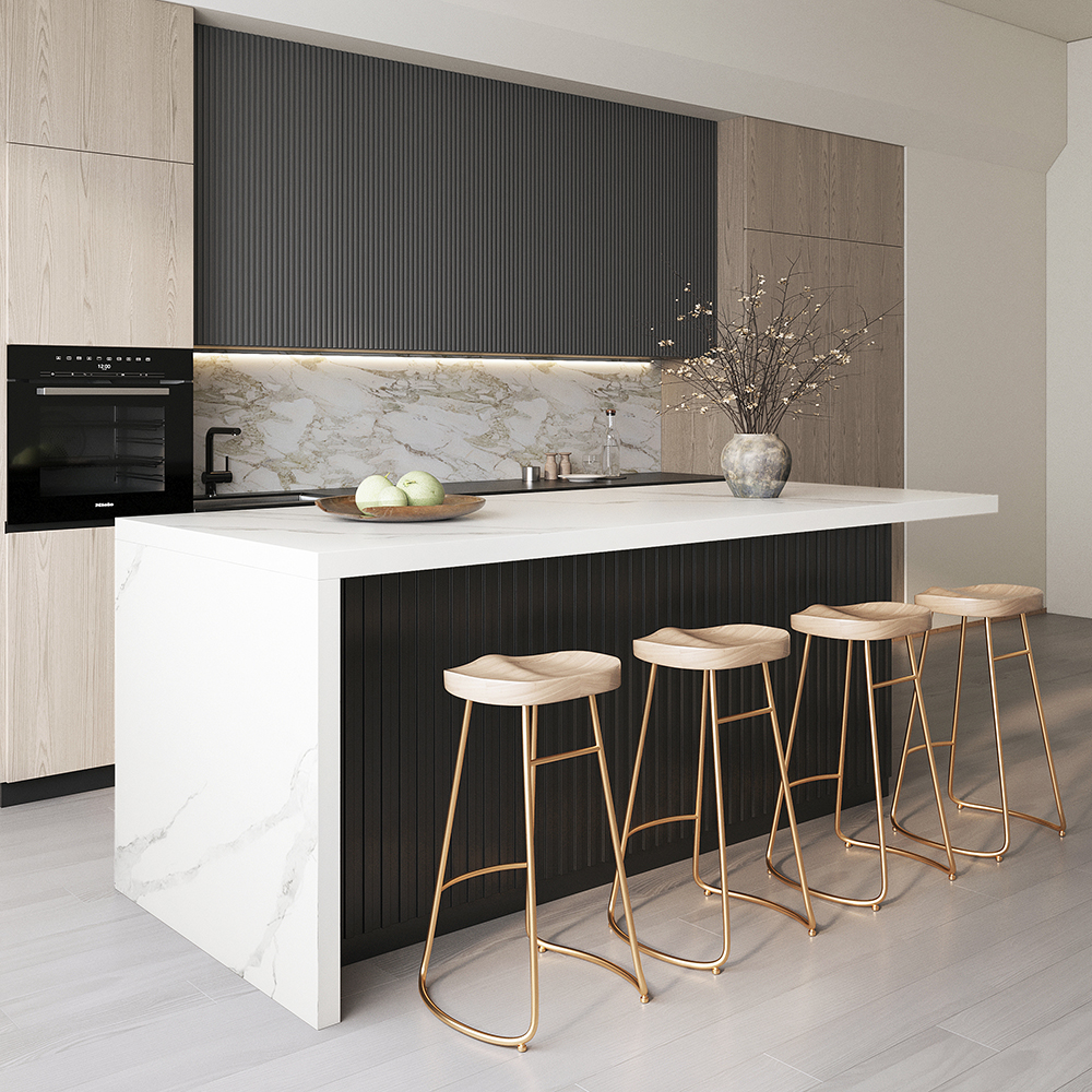 180 cm Large White & Black Kitchen Island with Storage Cabinet Marble Veneered Top