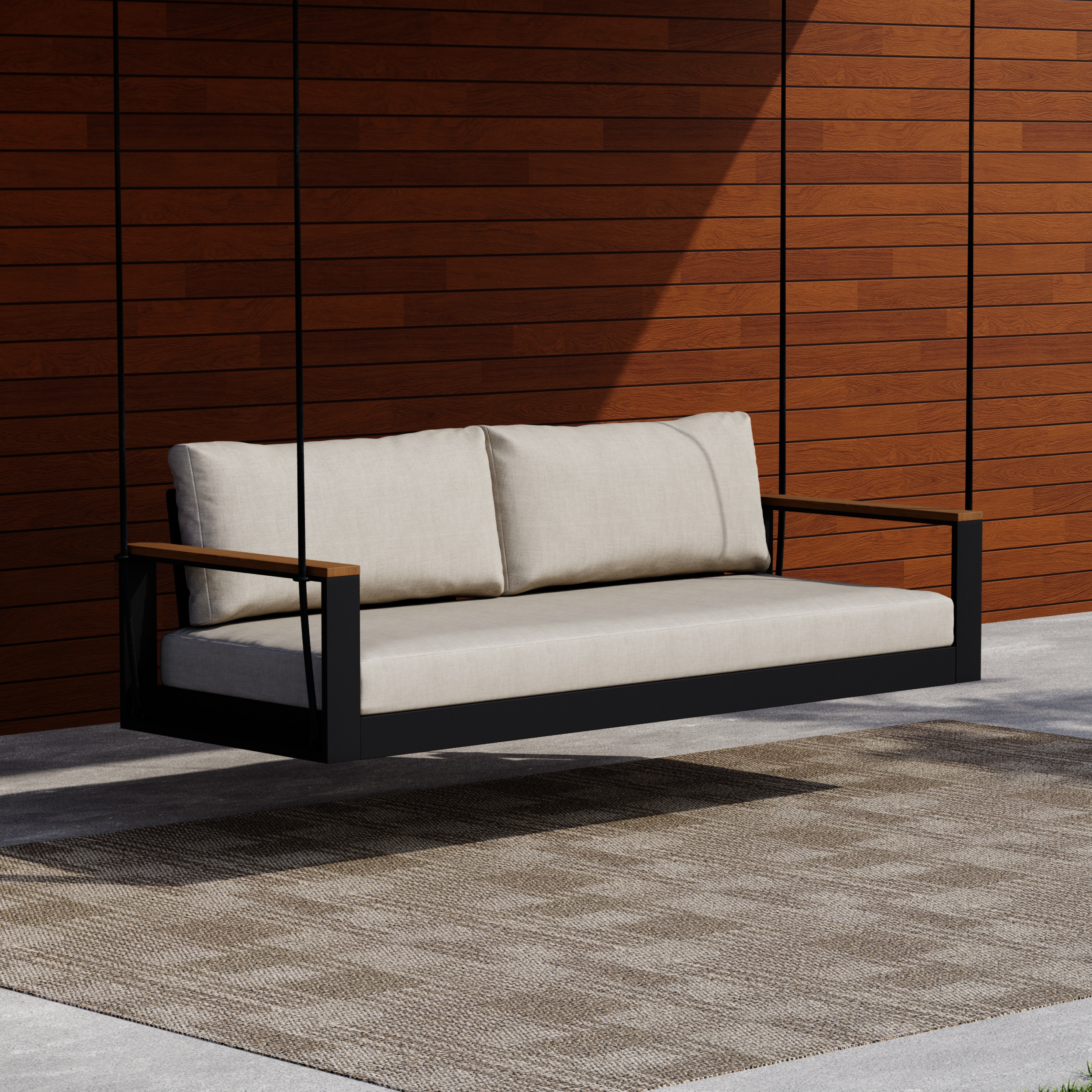 Tevara 2 Seater Solid Wood Outdoor Hanging Chair Sofa Porch Swing Bench in Beige Cushion & Pillow Included
